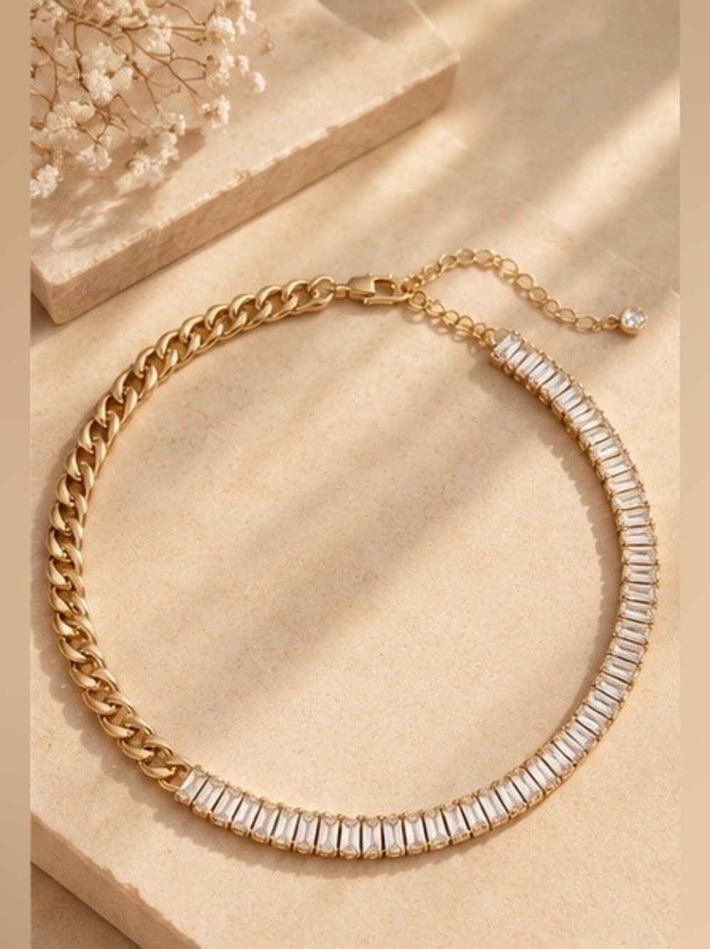 Gold Tone Cuban Chain Baguette Crystal Statement Necklace
